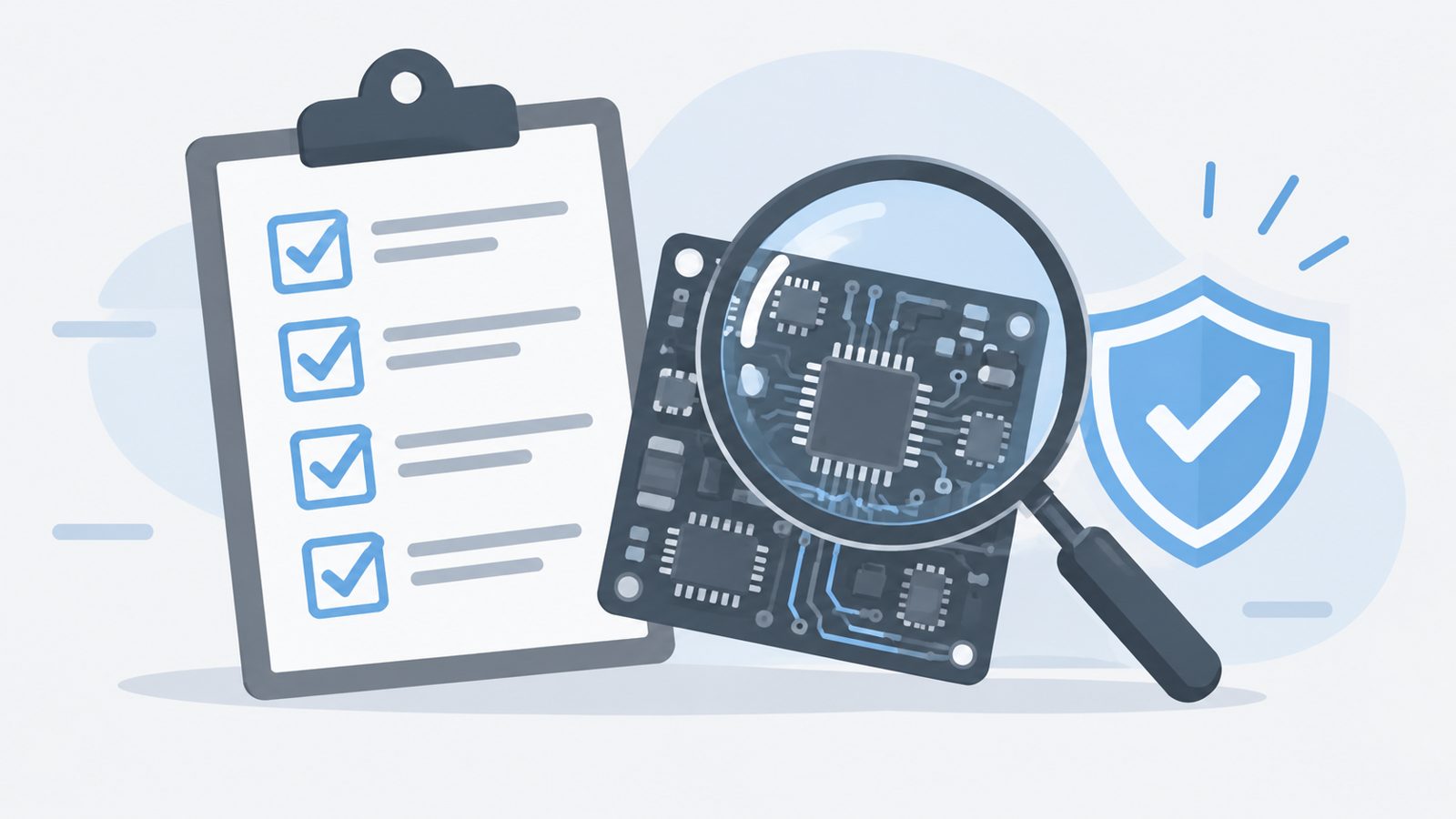 Checklist with ticked boxes next to a magnifying glass over a circuit board and a shield icon