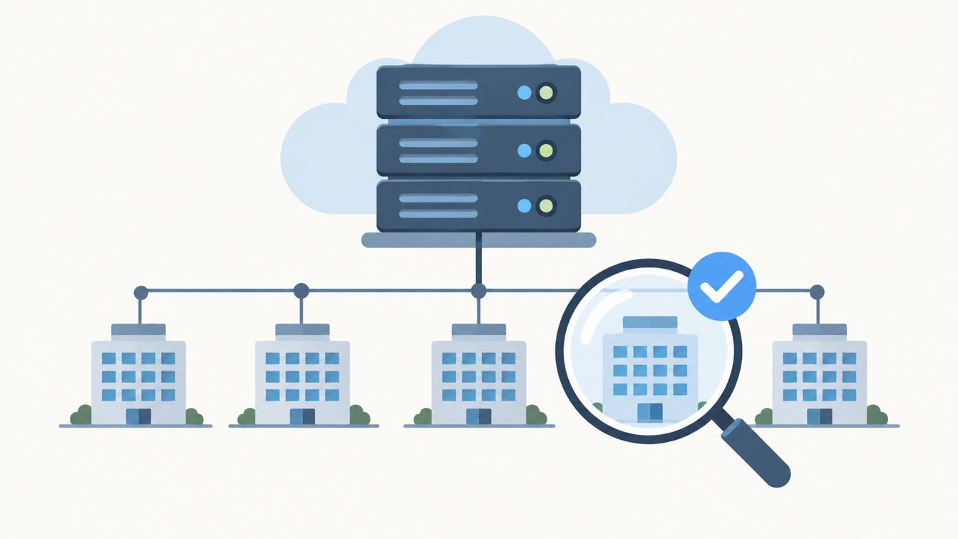 Server rack linked to small office buildings with a magnifying glass and checkmark badge