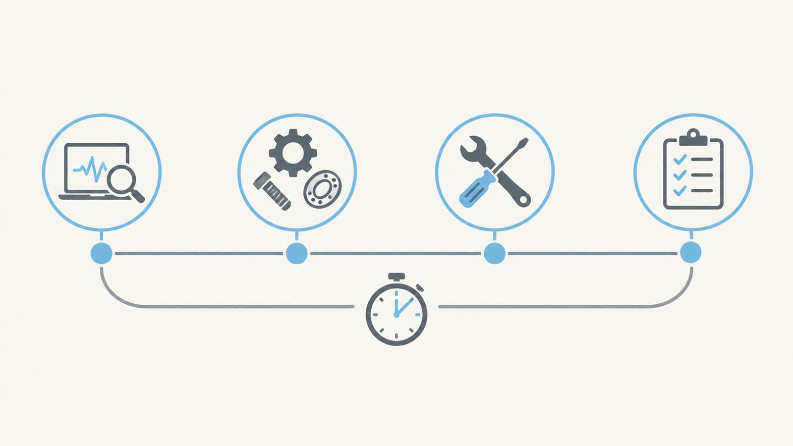Timeline diagram showing the four repair stages: diagnosis, parts, repair and testing