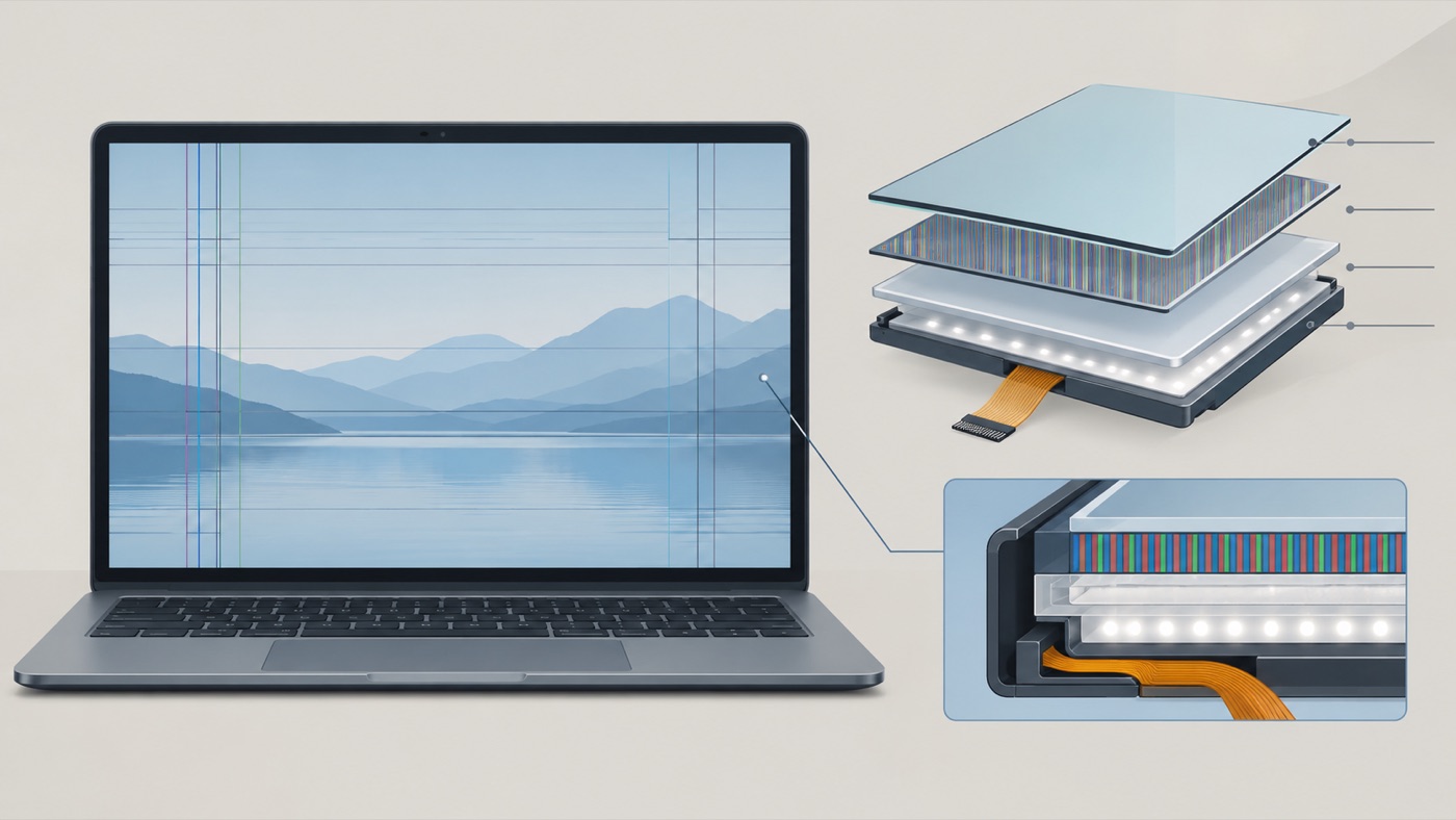 Laptop screen with black and horizontal lines next to an exploded view of the display layers and ribbon cable