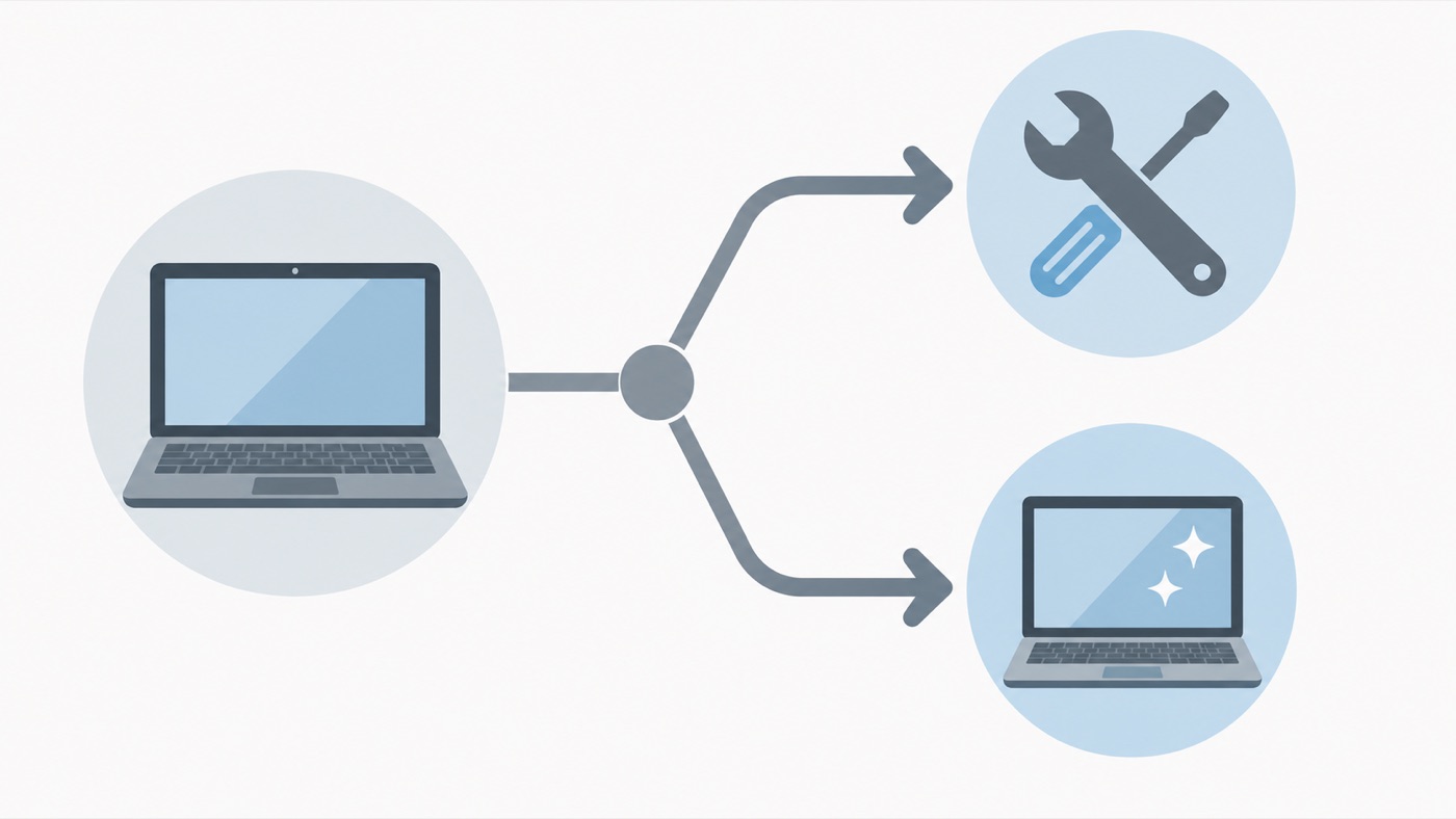 Decision diagram showing a laptop branching into a repair path and a replace path