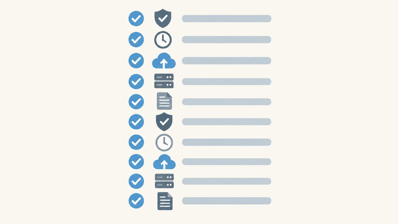 Ten-row checklist diagram with tick marks and icons for security, response time, cloud, servers and contracts