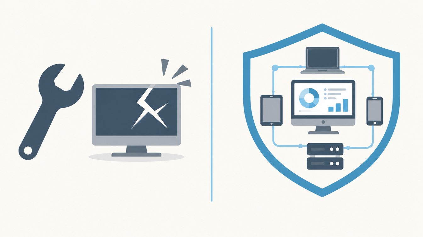 Schematic comparing reactive break-fix repair with proactive managed support monitoring