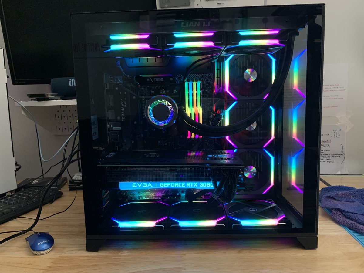 Black liquid-cooled gaming PC with an RTX 3080 graphics card