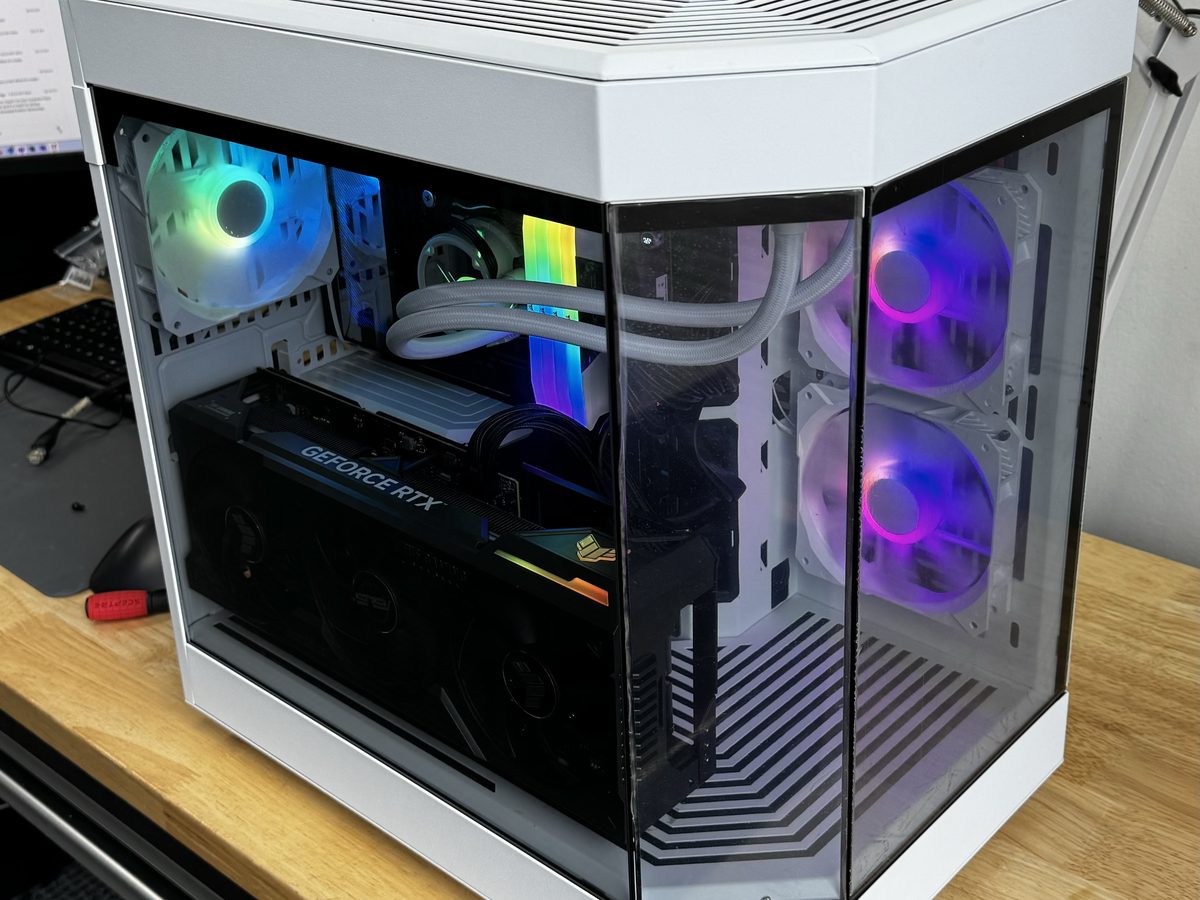White panoramic-glass gaming PC with a GeForce RTX graphics card